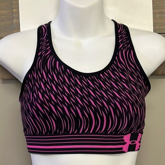 Under Armour Black/Pink Abstract Design Compression HeatGear Sports Bra- Medium - Picture 1 of 9